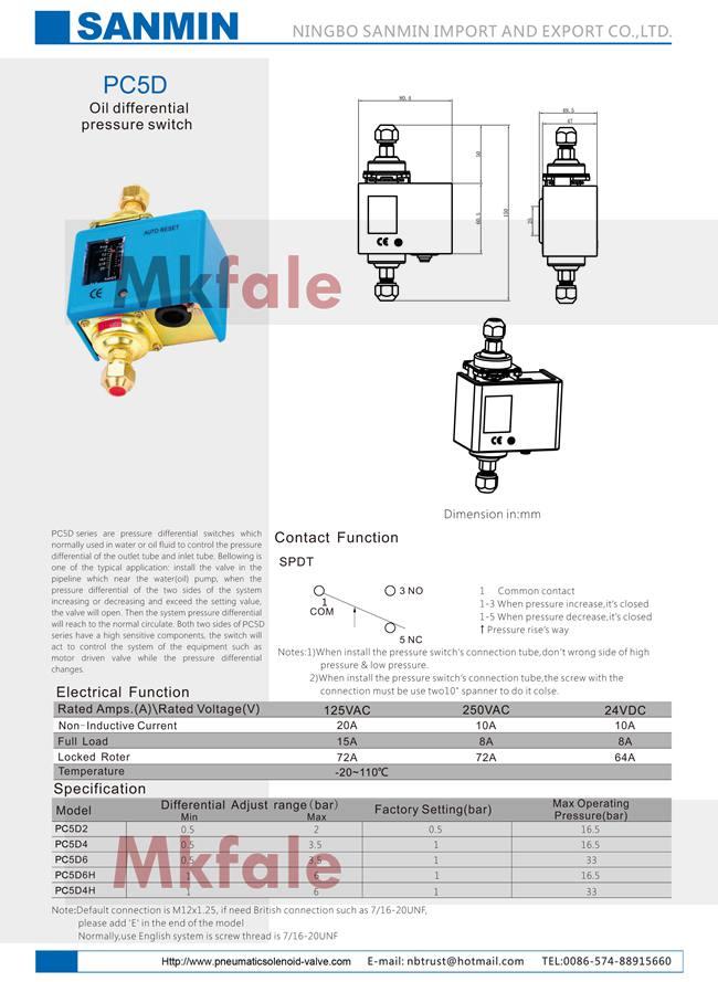 High Sensitive Components Compressor Pressure Switch Oil Differential